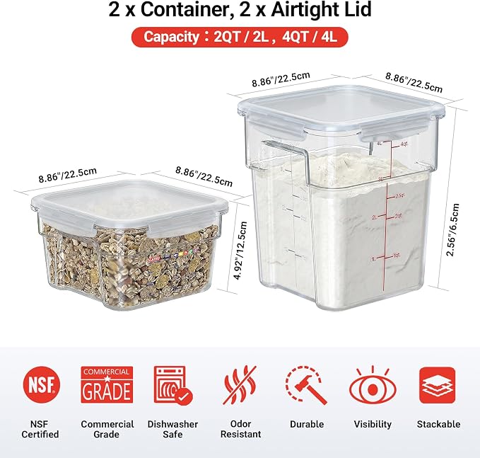 2 Pack Commercial Food Storage Container Set, 2 QT & 4 QT Airtight Clear - Image 2