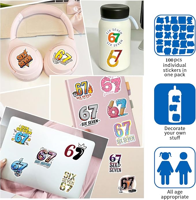 100PCS 6 7 Stickers, Vinyl Waterproof Funny Decals Pack - Image 4