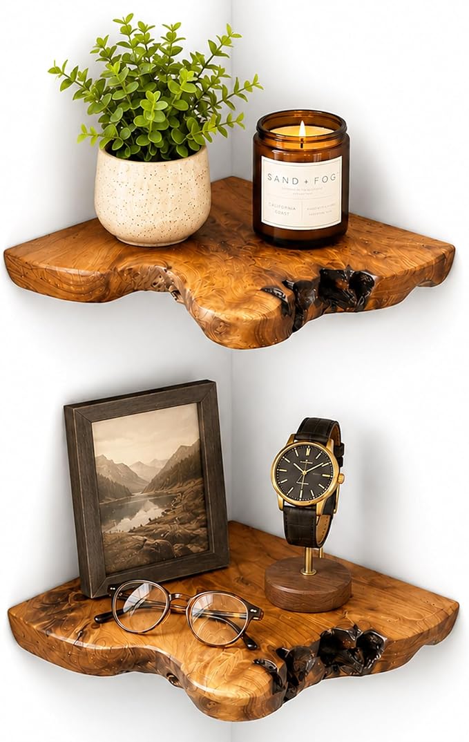 Floating Corner Shelf Set of 2, Handcrafted Live Edge Corner Wall Shelves by Unknown