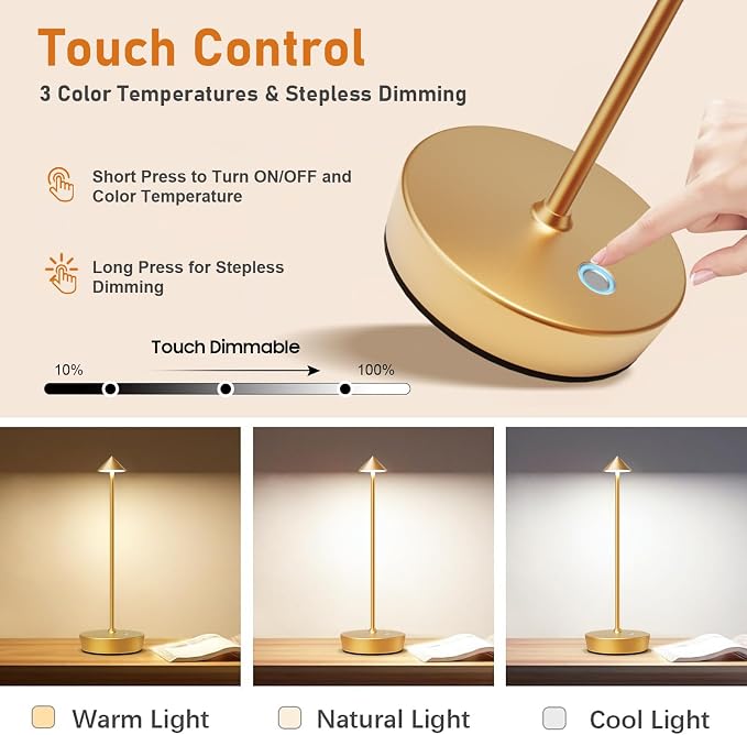 Rechargeable Cordless Table Lamp, 6000mAh LED Battery Operated Desk Lamp Touch - Image 4