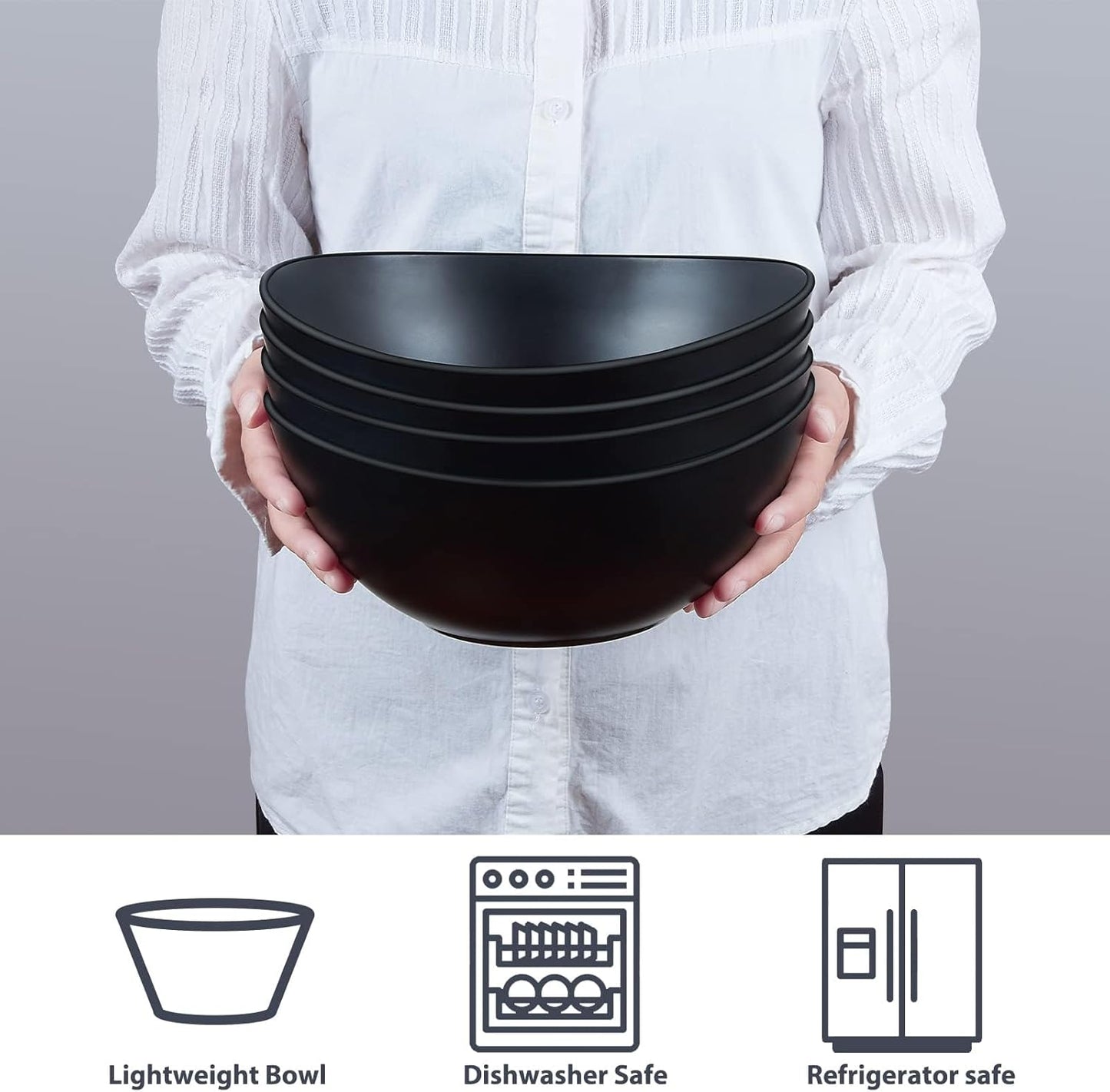 9.6'' Serving Bowls, 84oz Bamboo Fiber Salad Set of 4, Large for Kitchen, Deep Oval for Salad, Vegetable, Fruit, Pasta, Ramen, Lightweight & Easy to Clean (Matte Black)