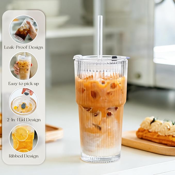 KEMORELA 4-Pack 20 oz Ribbed Glass Tumblers - Image 4
