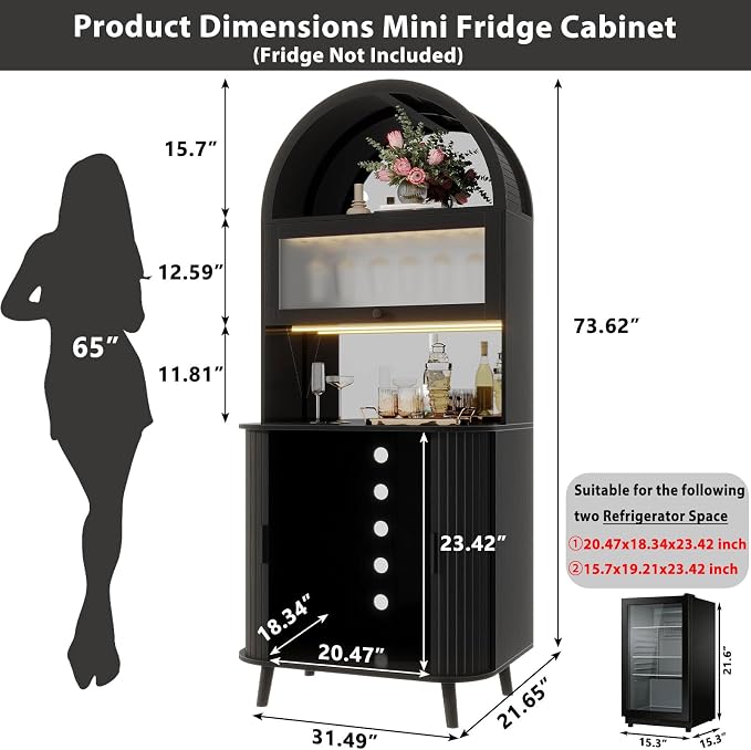 LVB Wine Cabinet with Fridge Space, Fluted Wine Cabinets with Rack Mirror - Image 2
