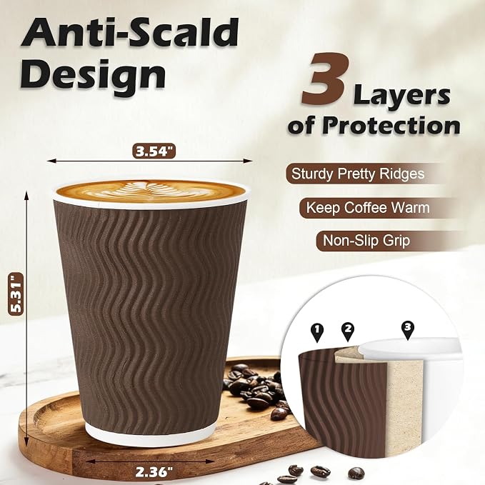 Clawsoff 500 Pack 12 oz Coffee Cups, Disposable Corrugated Insulated Ripple - Image 2