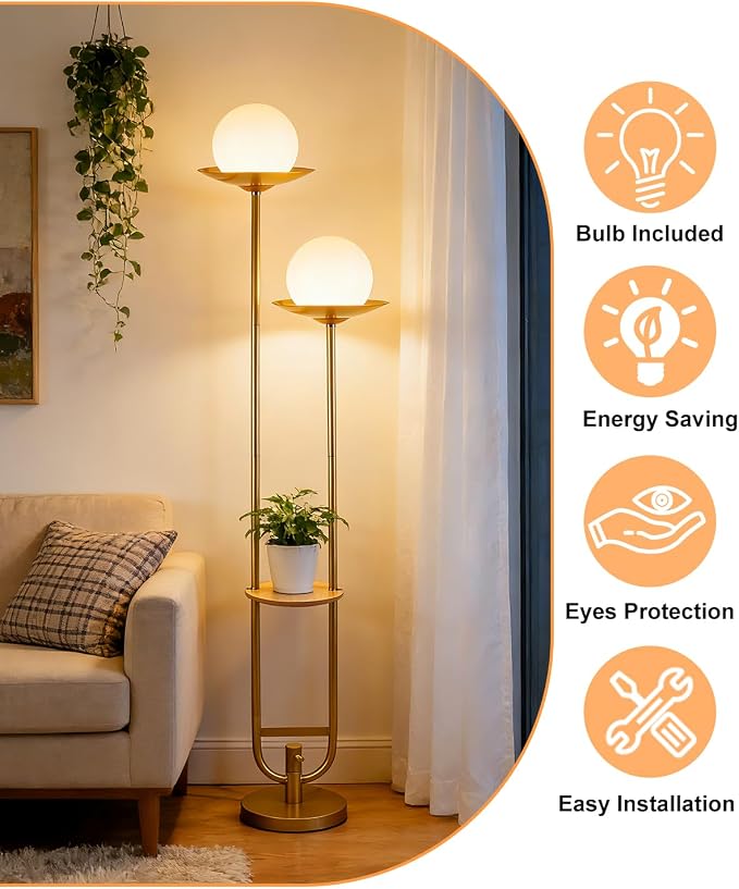 Lightdot 63IN Gold Floor Lamp 2 Globe Mid Century Standing Lamps Dimmable - Image 4
