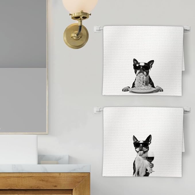 Boston Terrier Gifts Wine Kitchen Towels Set of 2, Funny Boston Terrier Dog - Image 2