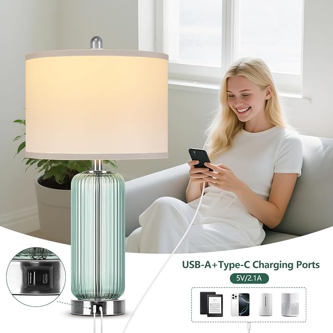 Table Lamps Set of 2 with Vertical Grained Glass, Teal Bedside Table Lamp - Image 5