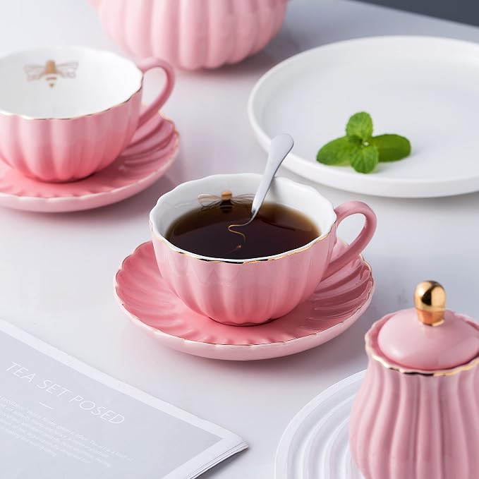Jusalpha Service for 6- Fine China Pink Coffee Cup/Teacup Set, 8 OZ Cups& Saucer - Image 2