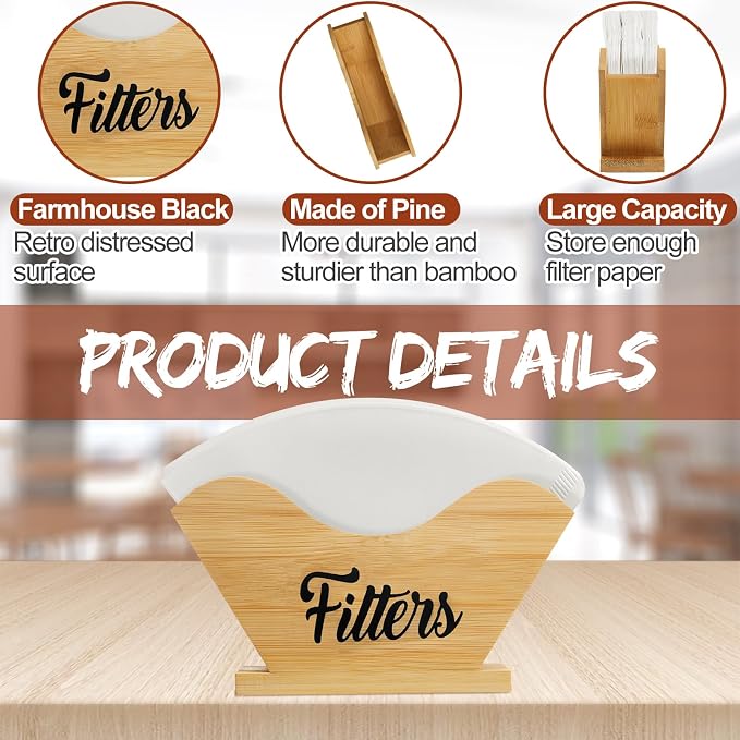 Juexica Farmhouse Cone Coffee Filter Holder Storage number 4 Rustic Wood Holder - Image 3