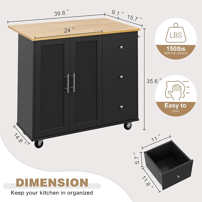 Shintenchi Kitchen Island with Folding Drop Leaf, Rolling Island Table with - Image 3
