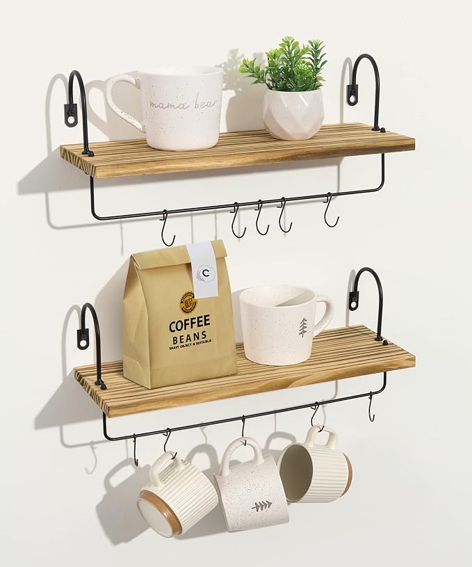 Wall Mount Floating Shelves, Wooden Coffee Bar Hanging Storage Shelf Rustic Cup by Petrala