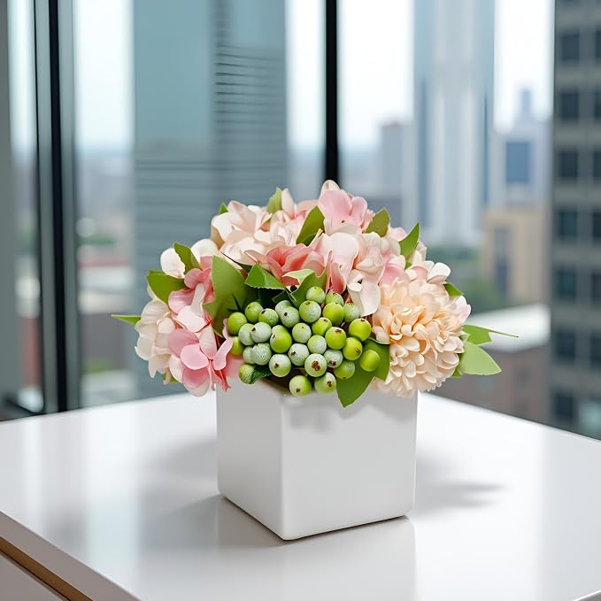 Artificial Flower Arrangement in Ceramic Vase Pink Hydrangea Home Decor | - Image 4