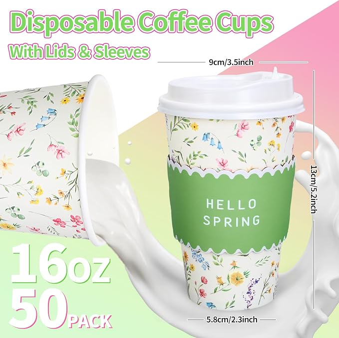 Whaline 50 Pcs Spring Floral Disposable Coffee Cups - Image 2