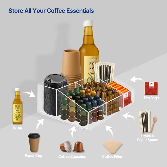 Acrylic Coffee Bar Station, Countertop Snack Tea Organizer & Condiment Tray | - Image 2