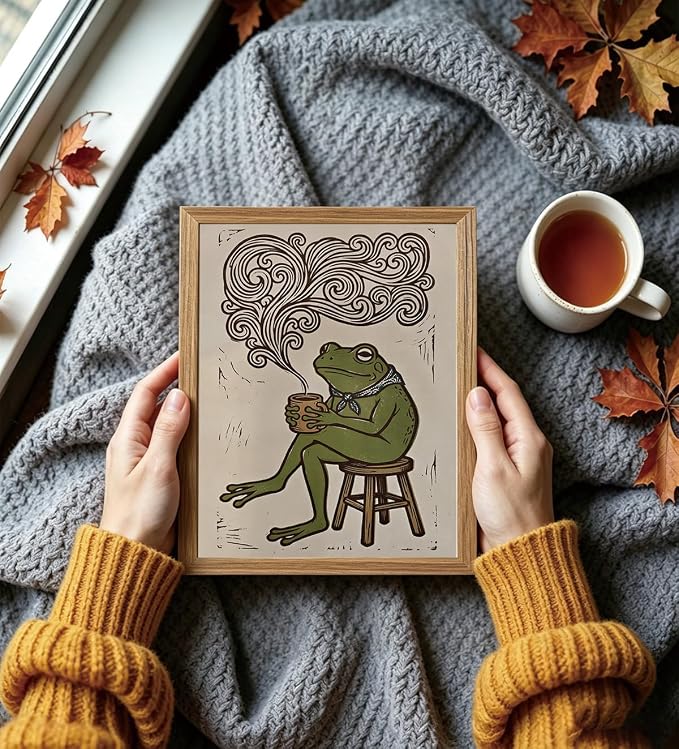 JQ7OL Whimsical Wall Art Frog Drinking Coffee Wall Art Wood Framed Funny - Image 2