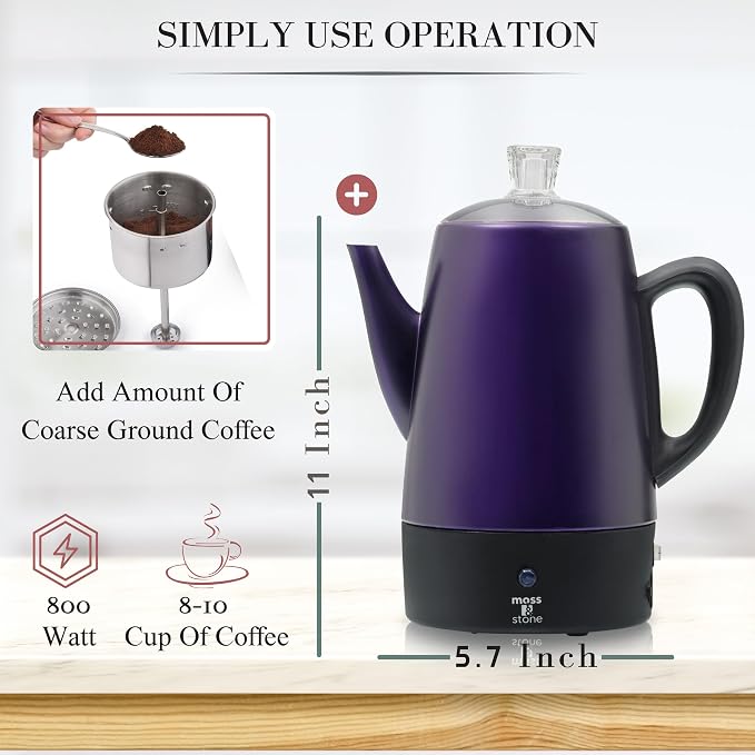 Moss & Stone 10 Cup Purpale Percolator Coffee Pot Electric, Stainless Steel - Image 4