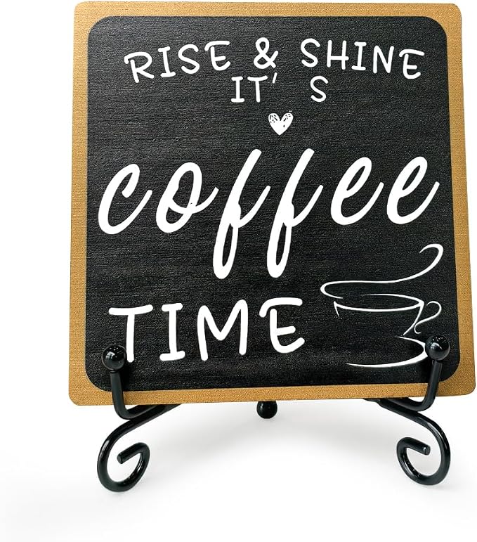 Coffee Bar Sign, 4x4" Wooden Rise and Shine It's CoffeeTime Sign, Mini by FDKYOEK