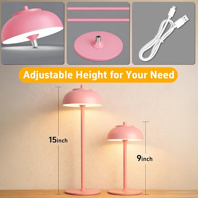 Pink Table Lamp Set of 2 Rechargeable, Table Lights Battery Operated-IP65 - Image 4