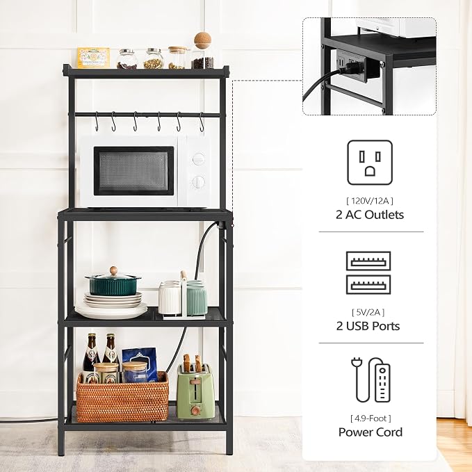 MAHANCRIS Bakers Rack with Power Outlet, Kitchen Storage Shelf with 6 Hooks - Image 4