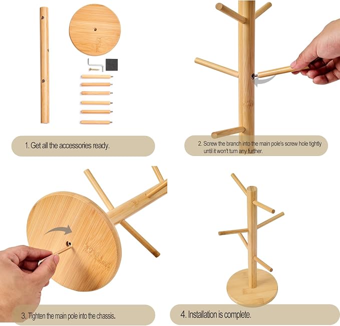 Bamboo Mug Tree for Counter, 6 Hooks Detachable Coffee Mug Holder, Decorative - Image 3