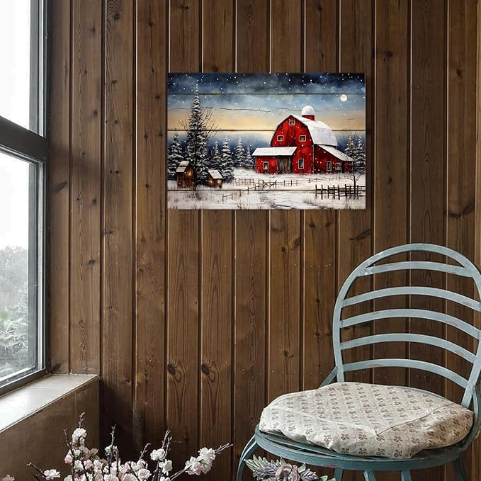 Red Barn Wall Art Snowy Winter Landscape Wall Art Christmas Home Decoration - Image 5