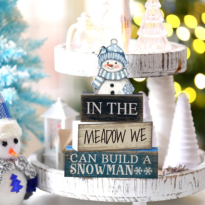 Yuntau 4 Pcs Winter Table Decoration Blue Snowman Decor Winter Tiered Tray - Image 5