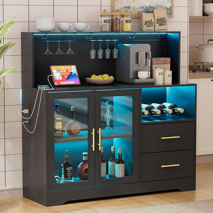 Grepatio Wine Bar Cabinet with RGB Light, Liquor Cabinet with Wine Rack and by Takesyoutohaveawonderfullife