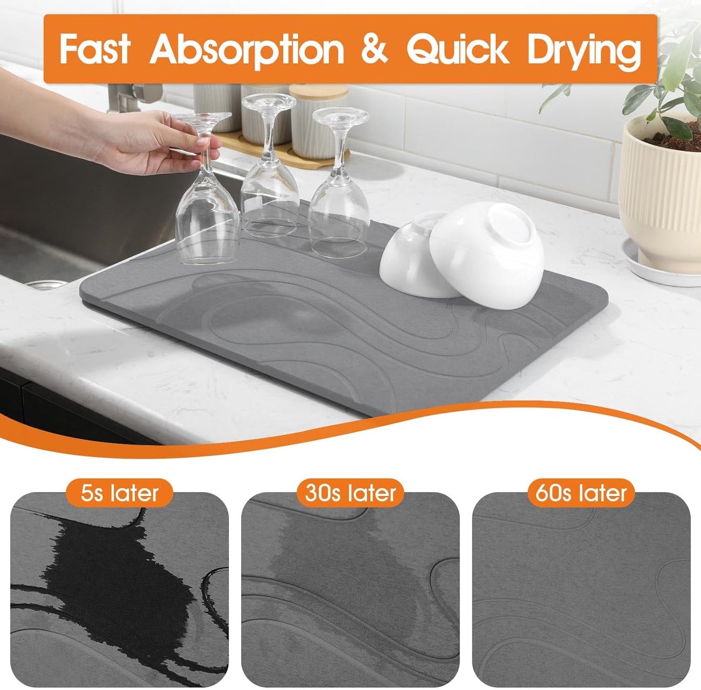 Stone Dish Drying Mat for Kitchen Counter - 18"x14" Dirt-Resistant Quick Drying Fast Absorbent Non-Slip Diatomite Mat, Natural Diatomaceous Earth Dish Drying Pad for Dish Rack