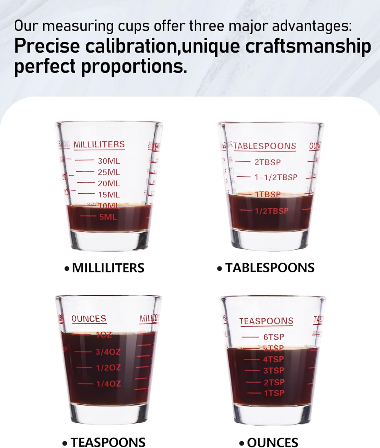Shot Glasses Measuring Cup Set 6 Pack Espresso Shot Glasses Liquid Heavy Glass 26-Incremental Measurement 1 OZ, 2 TBS, 6 TSP, 30 ML Kitchen Tools(White)
