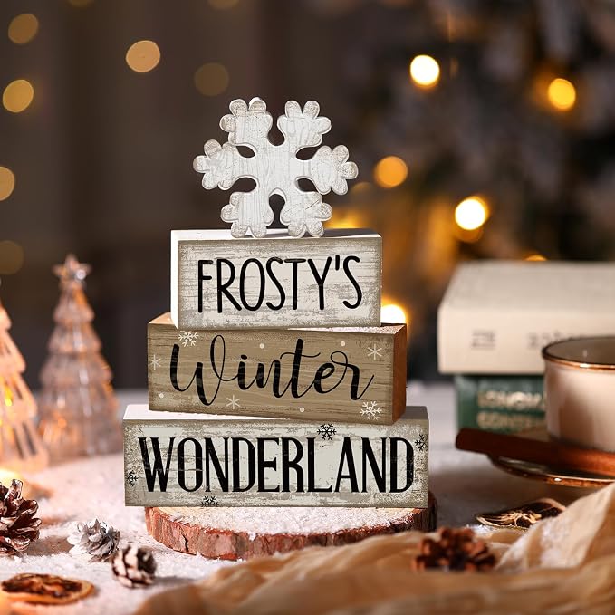 Lineshading 4 Pcs Winter Table Decorations Wooden Snowflake Decor Winter Tiered - Image 2