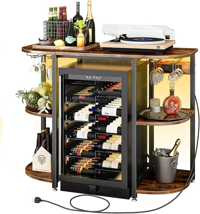 Mini Fridge Cabinet Stand with Power Outlet and Led Light, Coffee Bar Cabinet by METYERRY