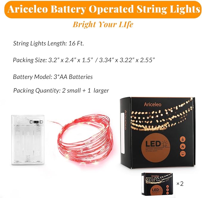 Ariceleo Led Fairy Lights Battery Operated, 2 Packs Mini Battery Powered Copper - Image 2