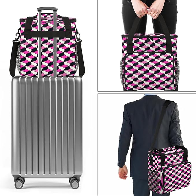 Pink and Black Coffee Maker Travel Bag, Geometric Insulated Grocery Bag Travel - Image 7