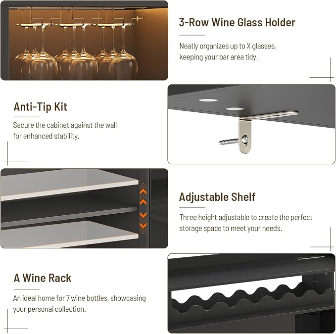 Wine Bar Cabinet with LED Lights & Charging, Modern Liquor Cabinets with 2 - Image 7