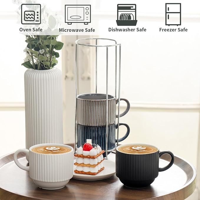 Ceramic Coffee Mugs with Stand, 15 Ounce Stackable Coffee Cups Set of 4 - Image 3