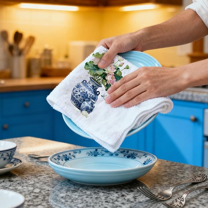 CUTHOLLOW Chinese Porcelain and Flowers Decorative Kitchen Towels Set of 4 - Image 6