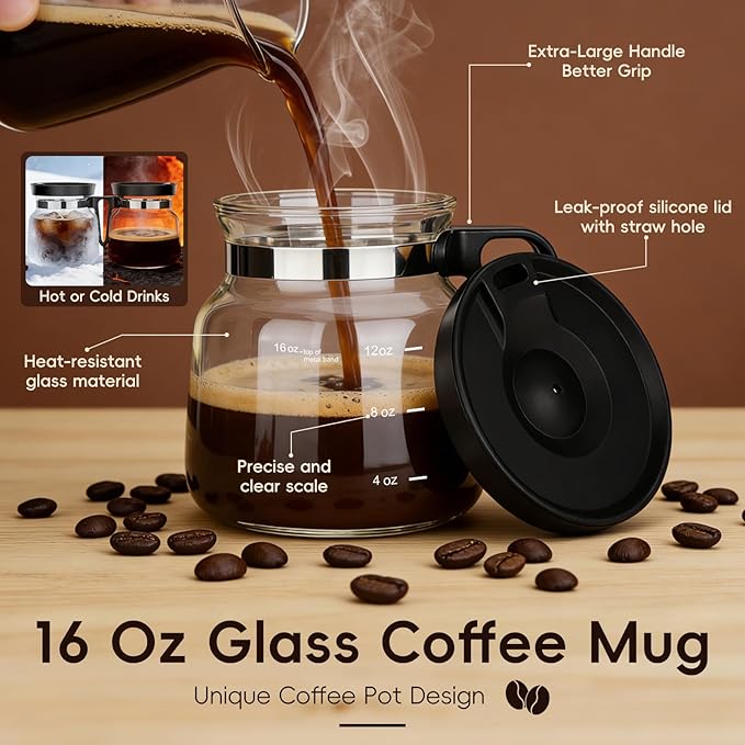 Coffee Pot Mug with Lid, 16Oz Mini Glass Coffee Pot Coffee Mug with Spill Proof - Image 2