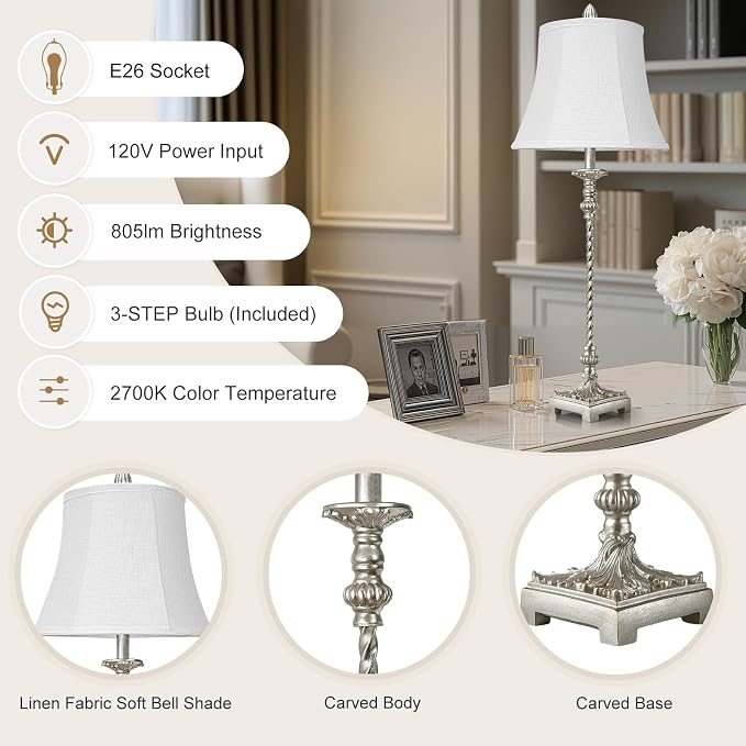 Candle Stick Buffet Table Lamp Set of 2, 3-Way Dimmable Bulb Included, Country - Image 2