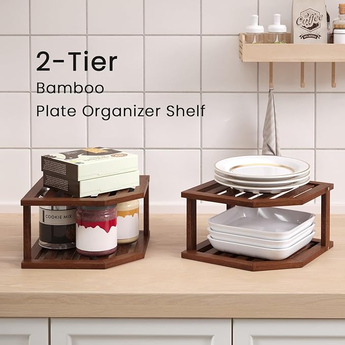 VERTORGAN Bamboo Corner Shelf, 2 Tier Plate Organizer - Image 4