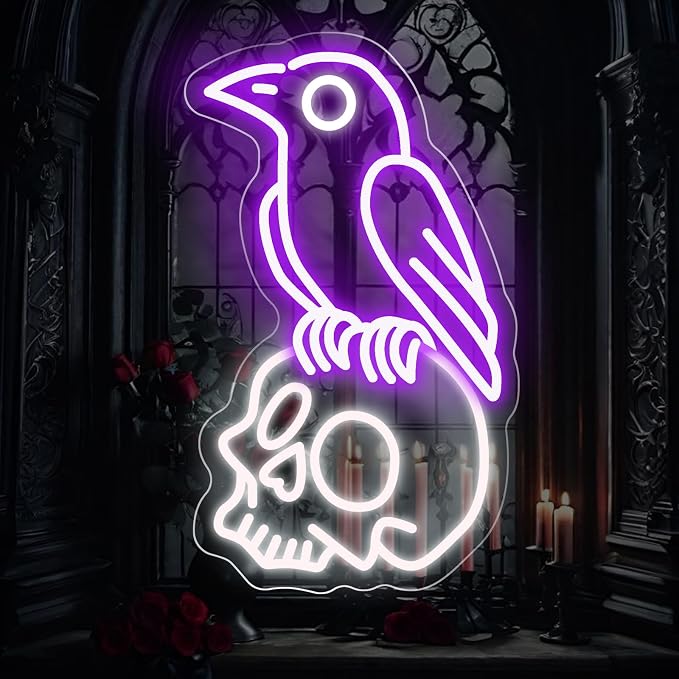 Raven on Skull Neon Sign, Halloween Decor, Man Cave, Dark Aesthetic Gift by DUOLIYBC