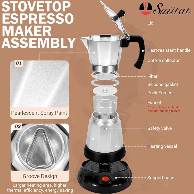 Silver Aluminum Electric Moka Pot, 3 or 6 Cups Espresso Maker - Image 2