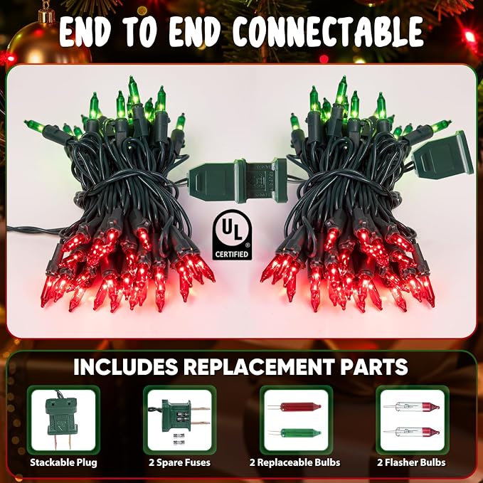 Red and Green Christmas Lights, 13FT 50 Count Incandescent Blub Mini Lights - Image 4
