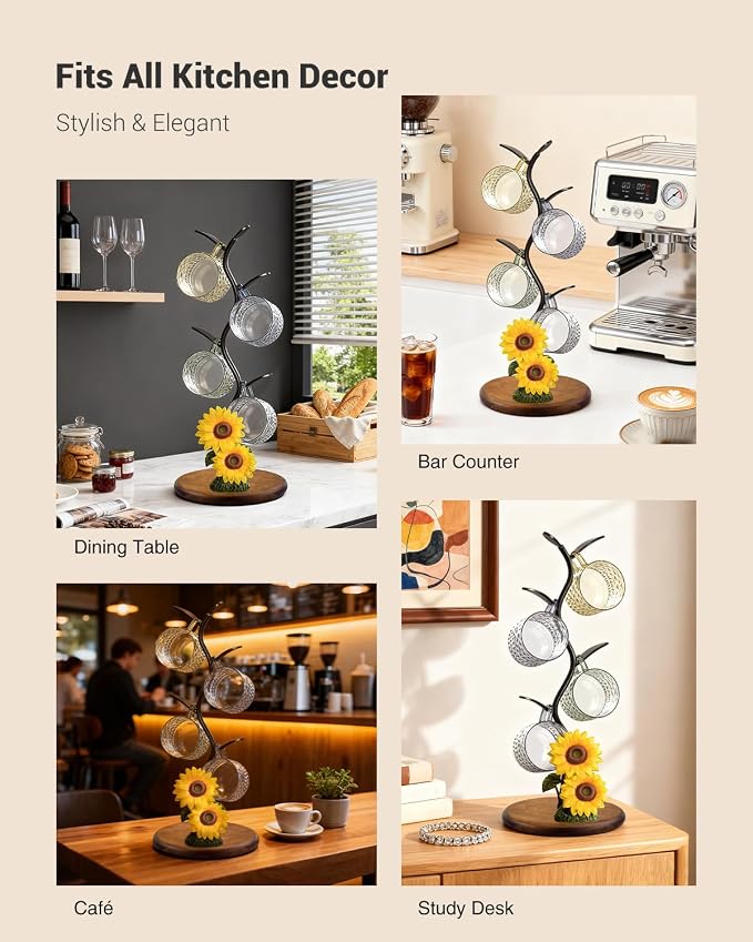 GAJ Sunflower Mug Tree Coffee Cup Holder, Countertop 3D Yellow Flower Coffee - Image 6