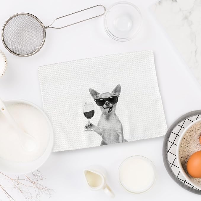 Chihuahua Gifts Wine Kitchen Towels Set of 2, Funny Chihuahua Dog Eating Pasta - Image 6
