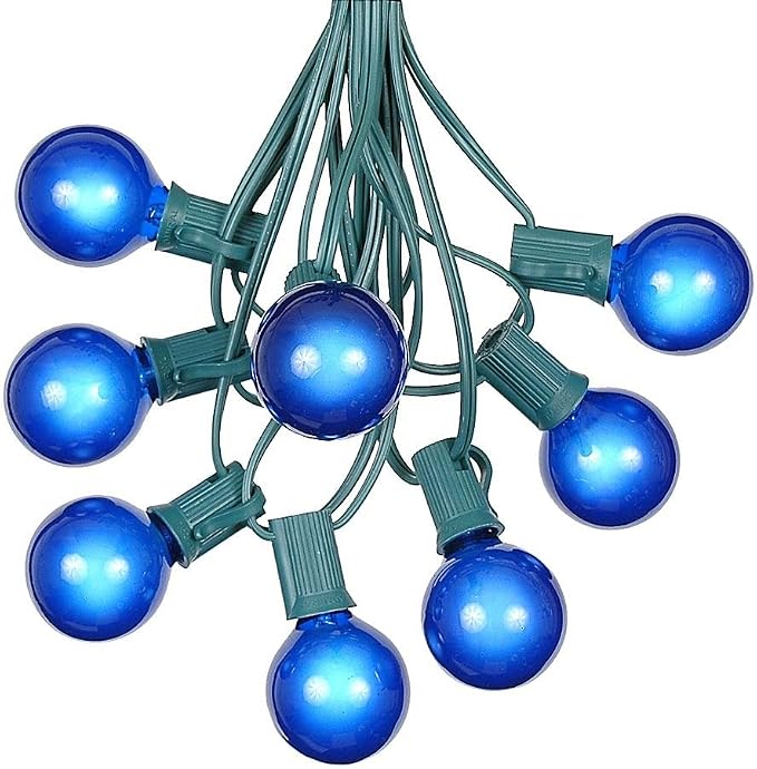 G40 Patio String Lights with 25 Blue Globe Bulbs by NoveltyLights-LightExperts