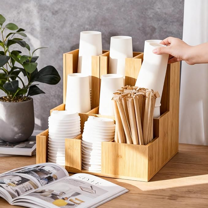 CroBlissful Bamboo Vertical Coffee Cup and Lid Dispenser, Coffee Condiment - Image 4