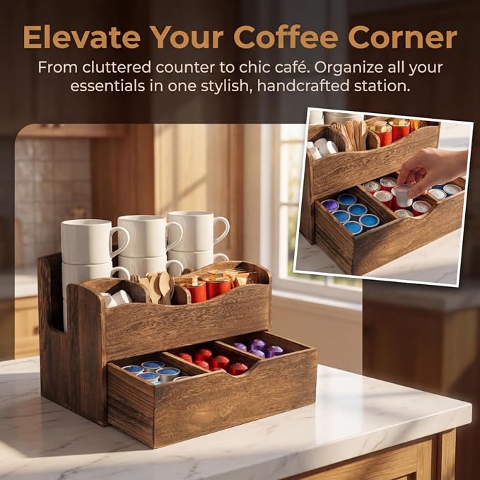 Coffee Station Organizer, Wood Countertop Coffee Bar Supplies Caddy - Image 6