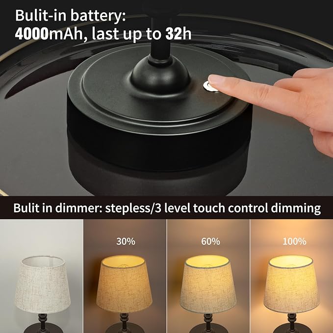 ONEWISH Small Cordless Lamp, Battery Operated Table lamp Dimmable, 4000mAh - Image 3