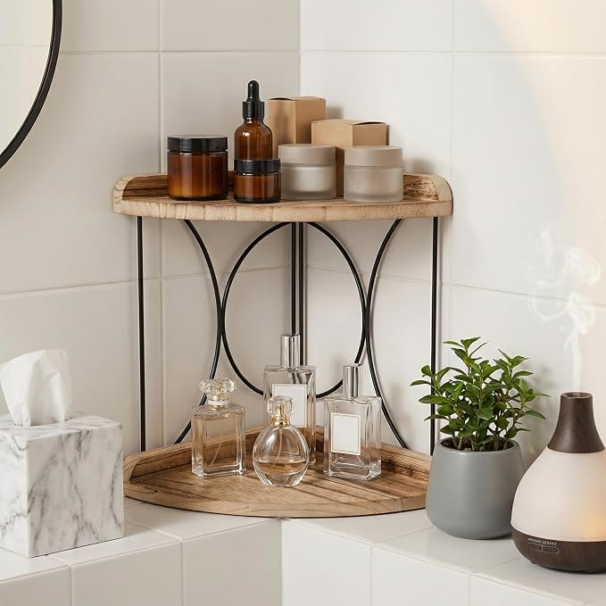 Goaste 2-Tier Bathroom Counter Organizer, Wood Vanity Corner Shelf, Skincare by Goaste