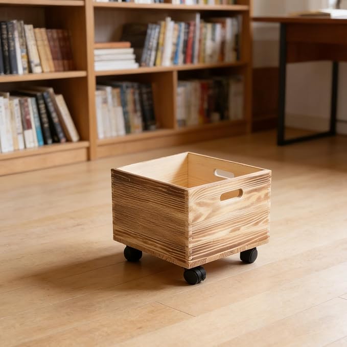 Unfinished Wood Crate: Rolling Crate On Wheels, Office Storage Cube Record - Image 3
